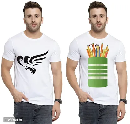 Stylish White Polycotton Half Sleeve Printed Round Neck Tees For Men Pack Of 2