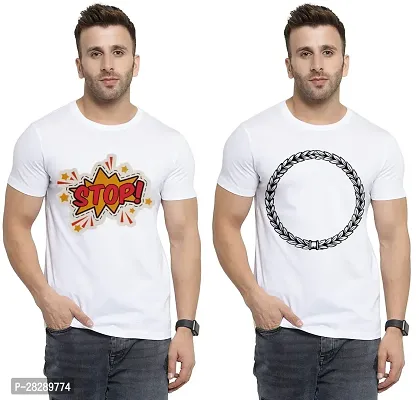 Stylish White Polycotton Half Sleeve Printed Round Neck Tees For Men Pack Of 2