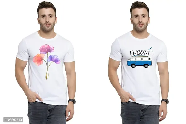 Stylish White Polycotton Half Sleeve Printed Round Neck Tees For Men Pack Of 2