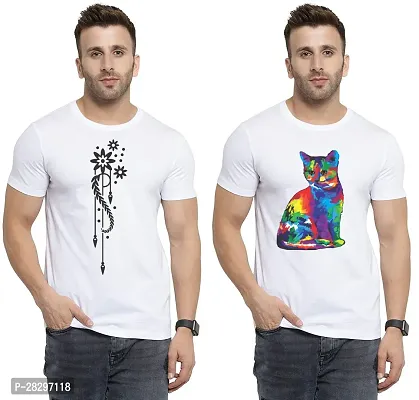 Stylish White Polycotton Printed Round Neck Tees For Men Pack Of 2