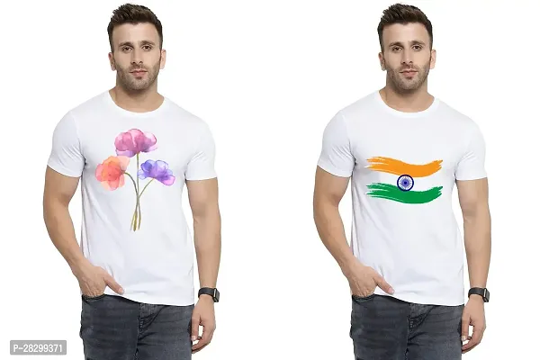 Stylish White Polycotton Half Sleeve Printed Round Neck Tees For Men Pack Of 2