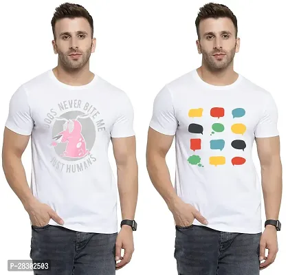 Stylish White Polycotton Half Sleeve Printed Round Neck Tees For Men Pack Of 2