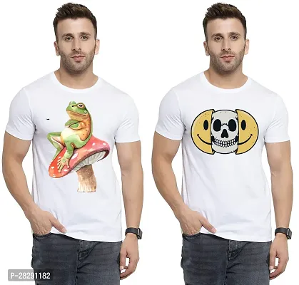 Stylish White Polycotton Half Sleeve Printed Round Neck Tees For Men Pack Of 2