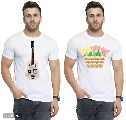 Stylish White Polycotton Printed Round Neck Tees For Men Pack Of 2