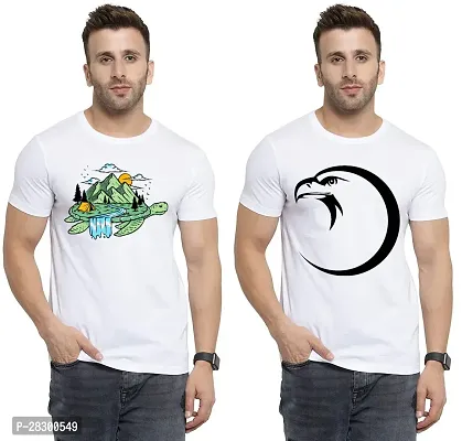 Stylish White Polycotton Half Sleeve Printed Round Neck Tees For Men Pack Of 2