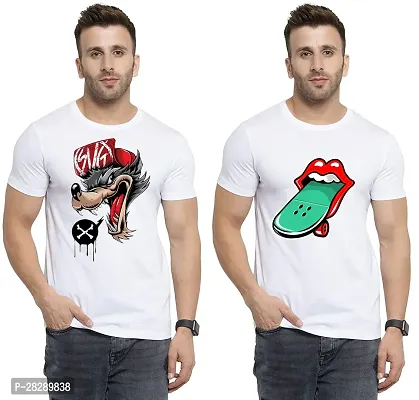 Stylish White Polycotton Half Sleeve Printed Round Neck Tees For Men Pack Of 2-thumb0