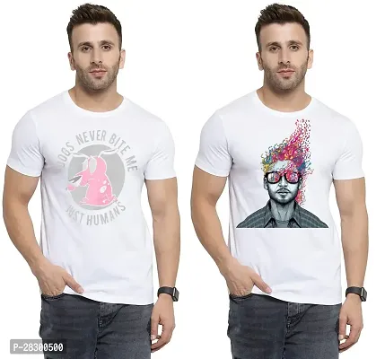 Stylish White Polycotton Half Sleeve Printed Round Neck Tees For Men Pack Of 2