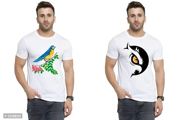 Stylish White Polycotton Half Sleeve Printed Round Neck Tees For Men Pack Of 2