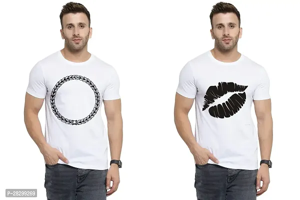 Stylish White Polycotton Half Sleeve Printed Round Neck Tees For Men Pack Of 2