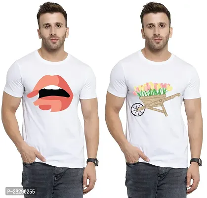 Stylish White Polycotton Half Sleeve Printed Round Neck Tees For Men Pack Of 2