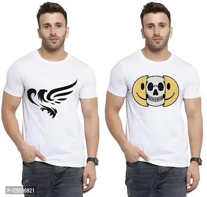 Stylish White Polycotton Half Sleeve Printed Round Neck Tees For Men Pack Of 2-thumb0