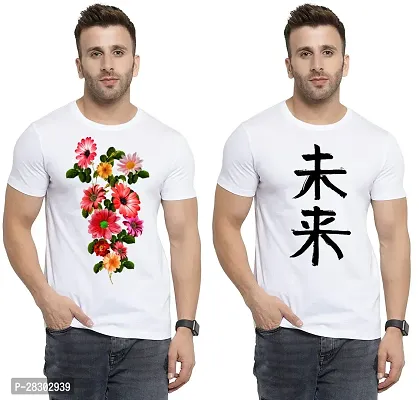 Stylish White Polycotton Half Sleeve Printed Round Neck Tees For Men Pack Of 2