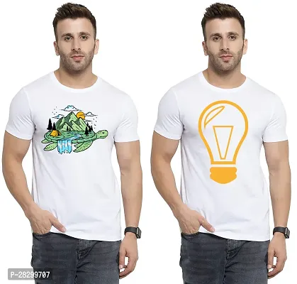 Stylish White Polycotton Half Sleeve Printed Round Neck Tees For Men Pack Of 2