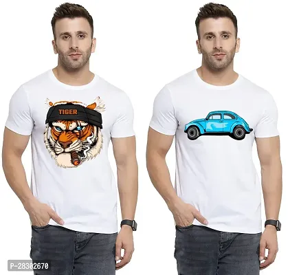 Stylish White Polycotton Half Sleeve Printed Round Neck Tees For Men Pack Of 2