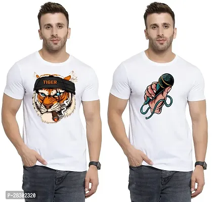 Stylish White Polycotton Half Sleeve Printed Round Neck Tees For Men Pack Of 2