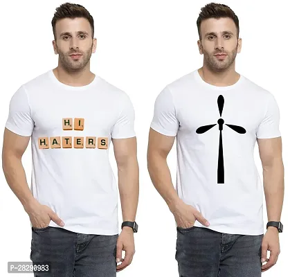 Stylish White Polycotton Half Sleeve Printed Round Neck Tees For Men Pack Of 2