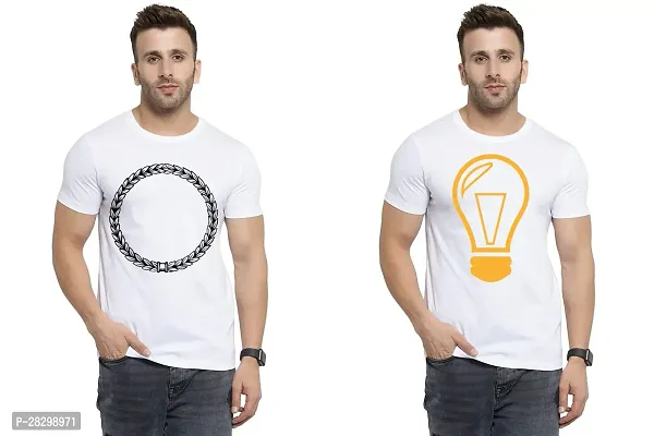 Stylish White Polycotton Half Sleeve Printed Round Neck Tees For Men Pack Of 2