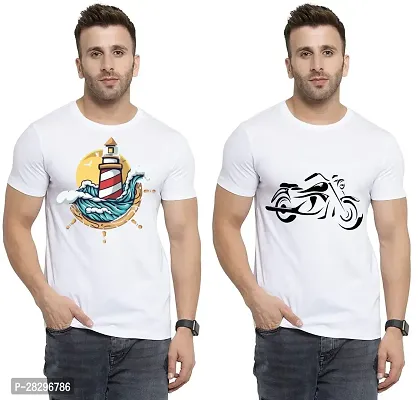 Stylish White Polycotton Half Sleeve Printed Round Neck Tees For Men Pack Of 2-thumb0