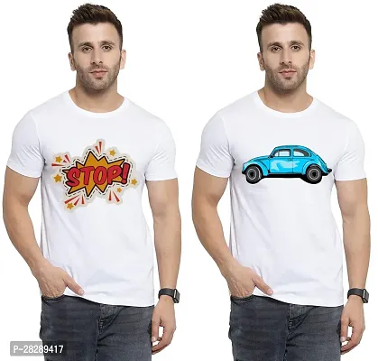 Stylish White Polycotton Half Sleeve Printed Round Neck Tees For Men Pack Of 2