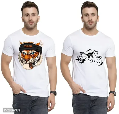 Stylish White Polycotton Half Sleeve Printed Round Neck Tees For Men Pack Of 2