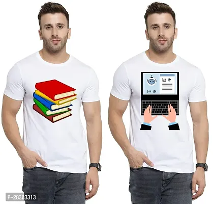 Reliable White Polycotton Printed Round Neck Tees For Men Pack Of 2