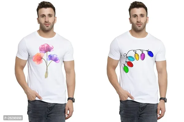 Stylish White Polycotton Half Sleeve Printed Round Neck Tees For Men Pack Of 2