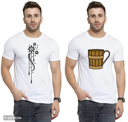 Stylish White Polycotton Printed Round Neck Tees For Men Pack Of 2