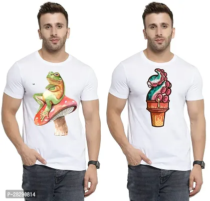 Stylish White Polycotton Half Sleeve Printed Round Neck Tees For Men Pack Of 2