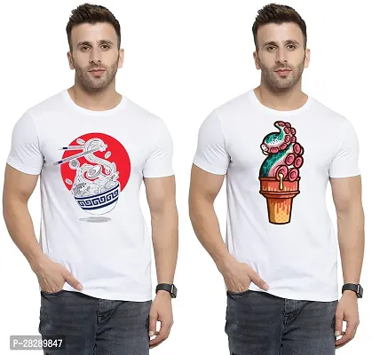 Stylish White Polycotton Half Sleeve Printed Round Neck Tees For Men Pack Of 2