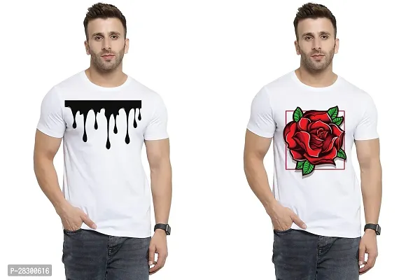 Stylish White Polycotton Half Sleeve Printed Round Neck Tees For Men Pack Of 2