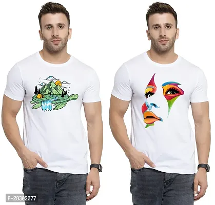 Stylish White Polycotton Half Sleeve Printed Round Neck Tees For Men Pack Of 2-thumb0