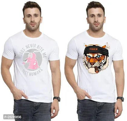 Stylish White Polycotton Half Sleeve Printed Round Neck Tees For Men Pack Of 2