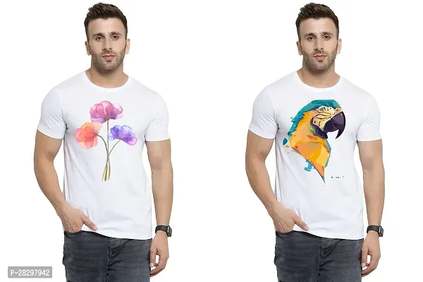 Stylish White Polycotton Half Sleeve Printed Round Neck Tees For Men Pack Of 2-thumb0