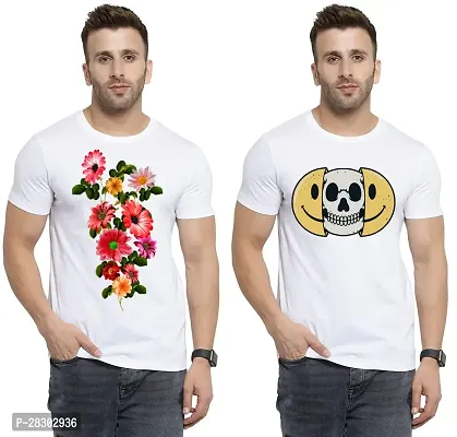 Stylish White Polycotton Half Sleeve Printed Round Neck Tees For Men Pack Of 2-thumb0