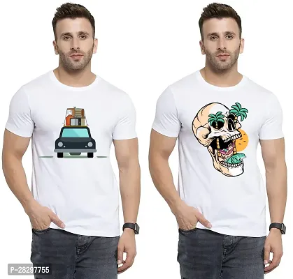 Stylish White Polycotton Half Sleeve Printed Round Neck Tees For Men Pack Of 2