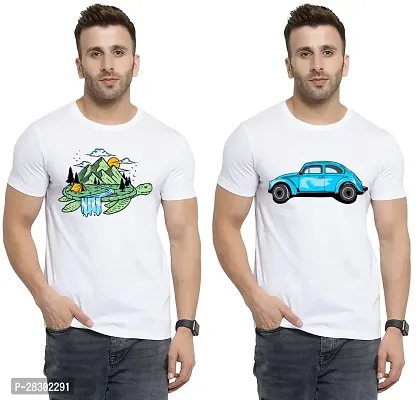 Stylish White Polycotton Half Sleeve Printed Round Neck Tees For Men Pack Of 2