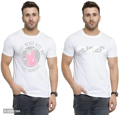 Stylish White Polycotton Half Sleeve Printed Round Neck Tees For Men Pack Of 2-thumb0