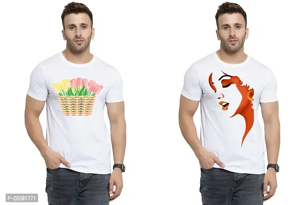 Stylish White Polycotton Half Sleeve Printed Round Neck Tees For Men Pack Of 2