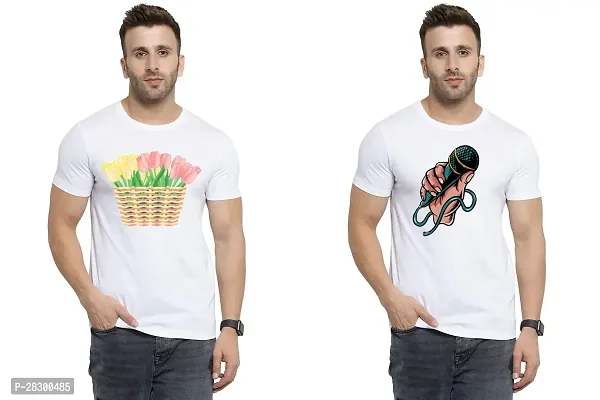 Stylish White Polycotton Half Sleeve Printed Round Neck Tees For Men Pack Of 2