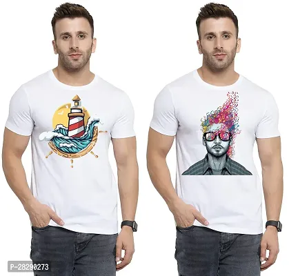 Stylish White Polycotton Half Sleeve Printed Round Neck Tees For Men Pack Of 2-thumb0