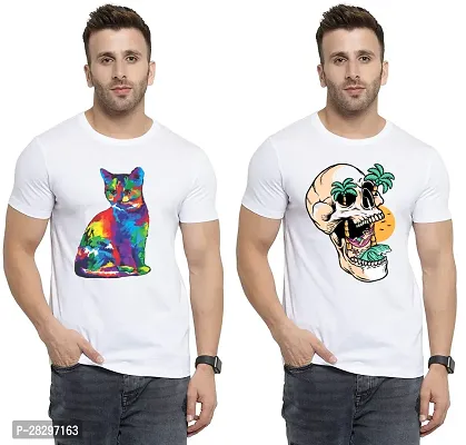 Stylish White Polycotton Printed Round Neck Tees For Men Pack Of 2