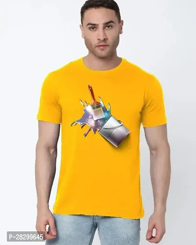 Stylish Yellow Polycotton Printed Round Neck Tees For Men-thumb0