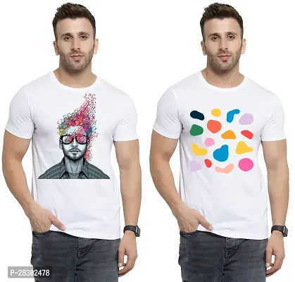 Stylish White Polycotton Half Sleeve Printed Round Neck Tees For Men Pack Of 2