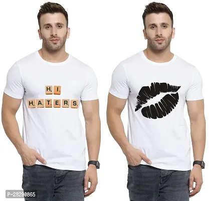 Stylish White Polycotton Half Sleeve Printed Round Neck Tees For Men Pack Of 2-thumb0