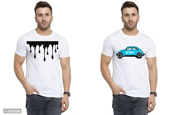 Stylish White Polycotton Half Sleeve Printed Round Neck Tees For Men Pack Of 2