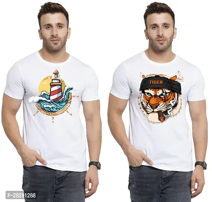 Stylish White Polycotton Half Sleeve Printed Round Neck Tees For Men Pack Of 2