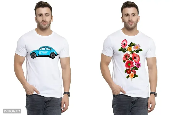 Stylish White Polycotton Half Sleeve Printed Round Neck Tees For Men Pack Of 2-thumb0