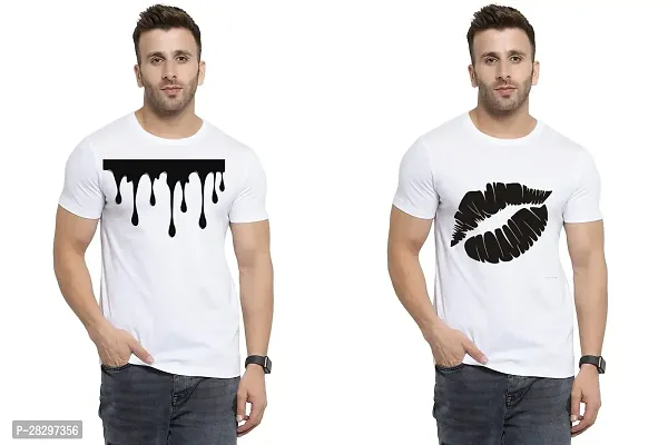 Stylish White Polycotton Half Sleeve Printed Round Neck Tees For Men Pack Of 2