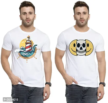 Stylish White Polycotton Half Sleeve Printed Round Neck Tees For Men Pack Of 2-thumb0