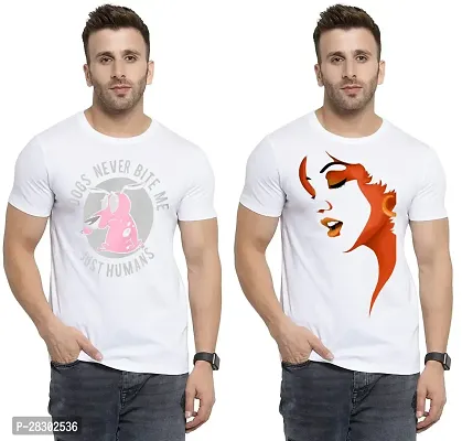 Stylish White Polycotton Half Sleeve Printed Round Neck Tees For Men Pack Of 2